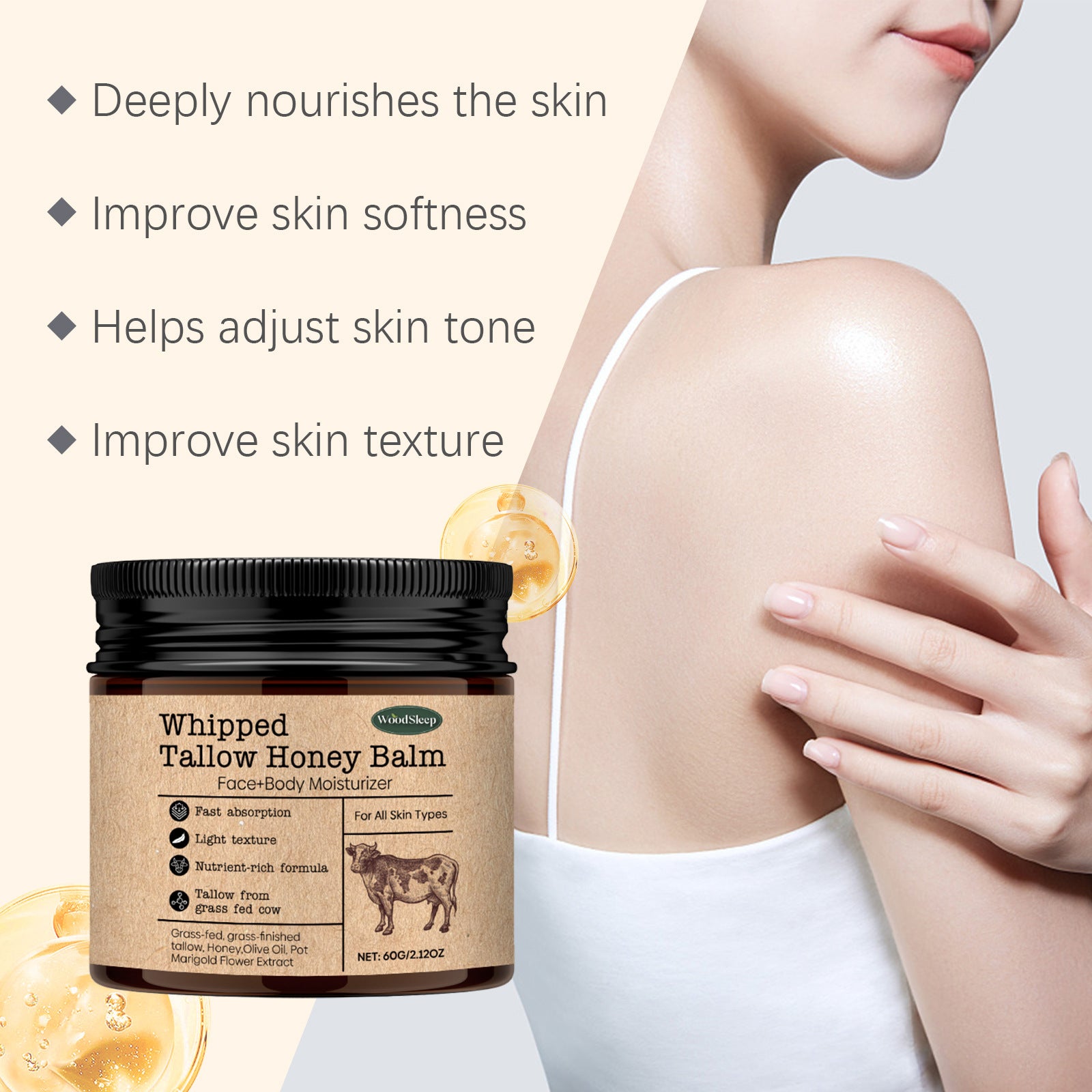 WoodSleep Beef Tallow Cream – Deep Moisturizer & Wrinkle Remover