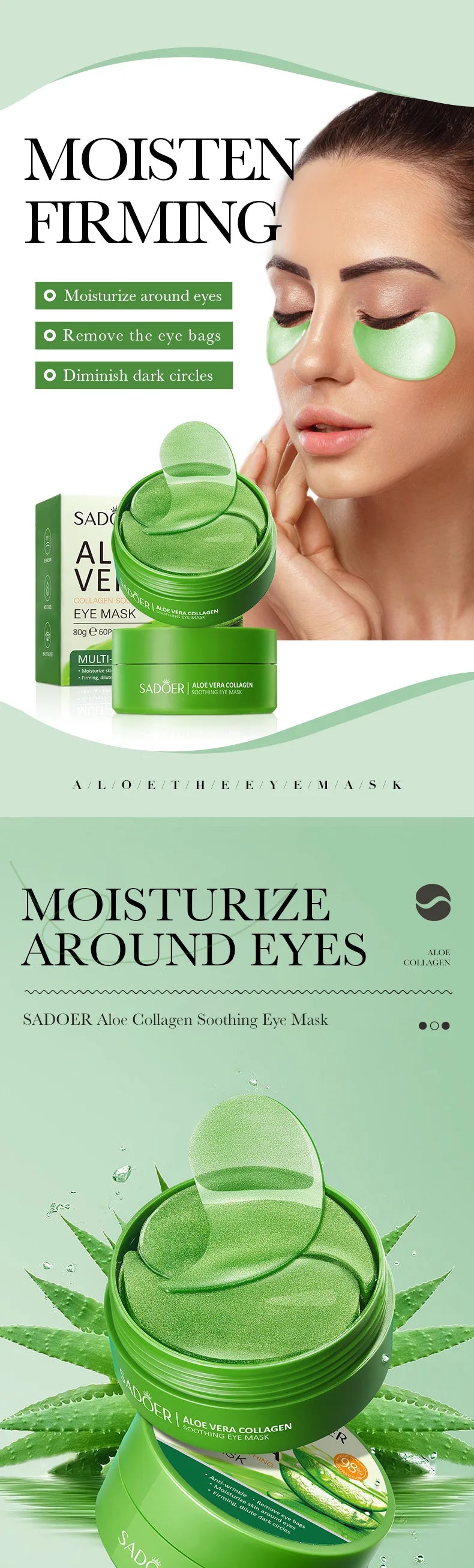 60PCS Aloe Vera Collagen Eye Mask for Dark Circles & Puffiness