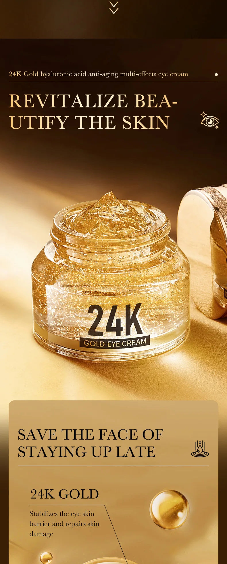 24K Gold Hyaluronic Acid Eye Cream for Dark Circles & Firming