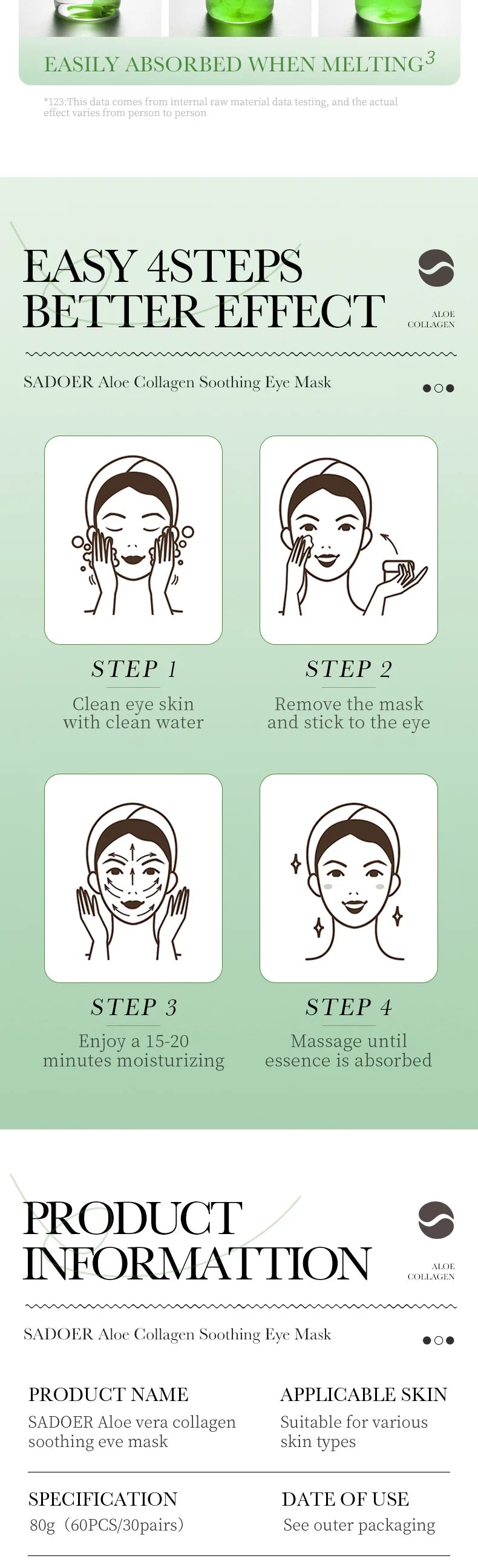 60PCS Aloe Vera Collagen Eye Mask for Dark Circles & Puffiness