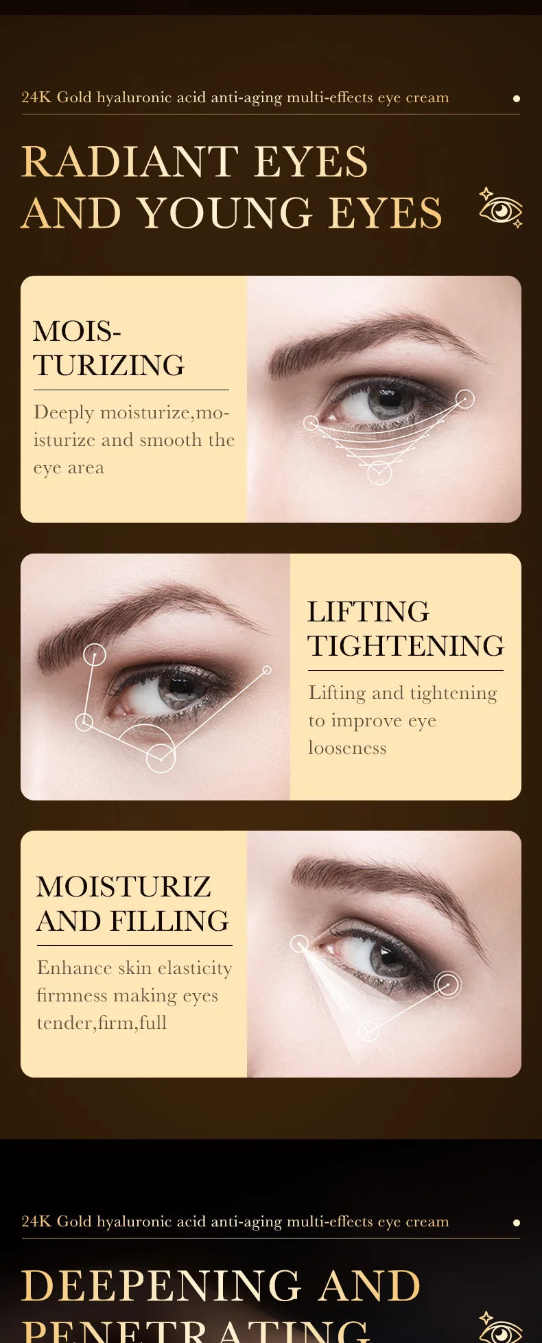 24K Gold Hyaluronic Acid Eye Cream for Dark Circles & Firming