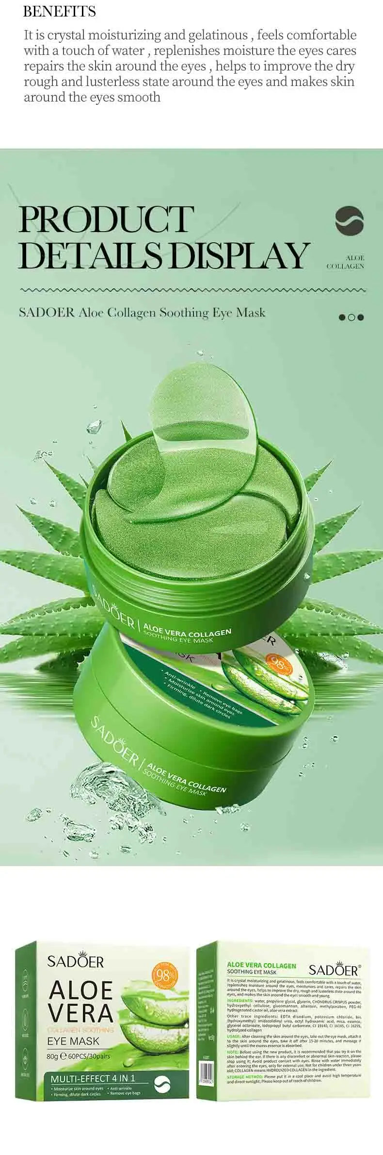 60PCS Aloe Vera Collagen Eye Mask for Dark Circles & Puffiness