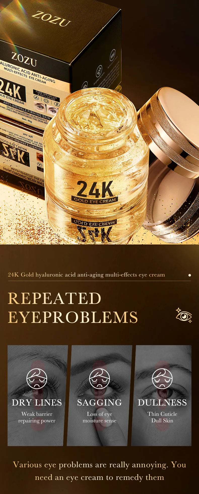 24K Gold Hyaluronic Acid Eye Cream for Dark Circles & Firming