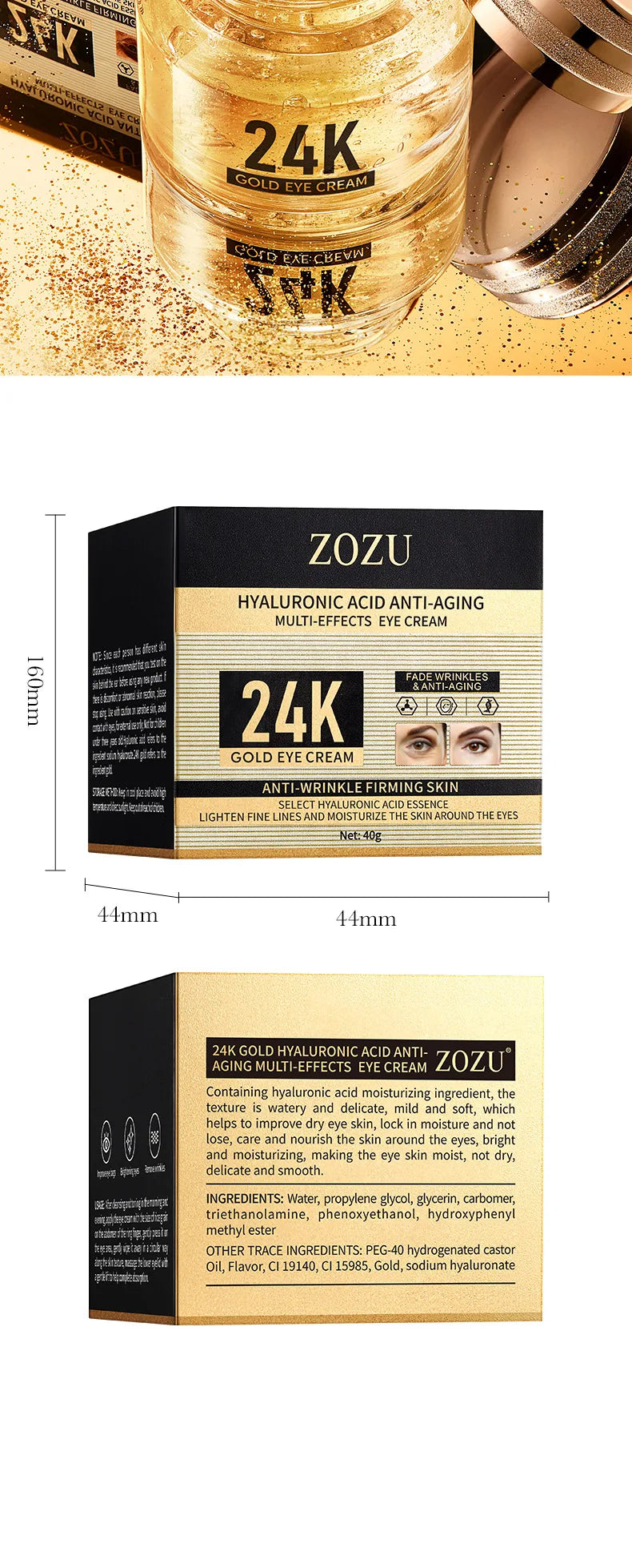 24K Gold Hyaluronic Acid Eye Cream for Dark Circles & Firming